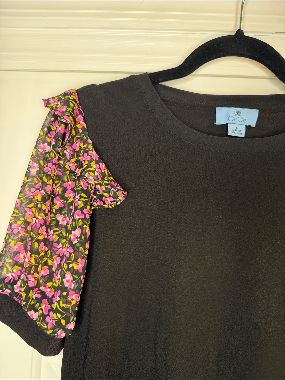 CeCe Black Tee with Pink Floral Ruffle Sleeves - Picture 2 of 5